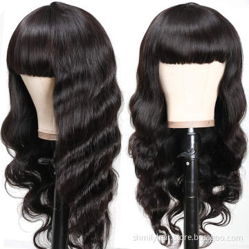 Shmily Wholesale Brazilian Body Wave Wig Full Machine Made Remy Human Hair Wig with Bangs 150 density Straight Wig With Bangs